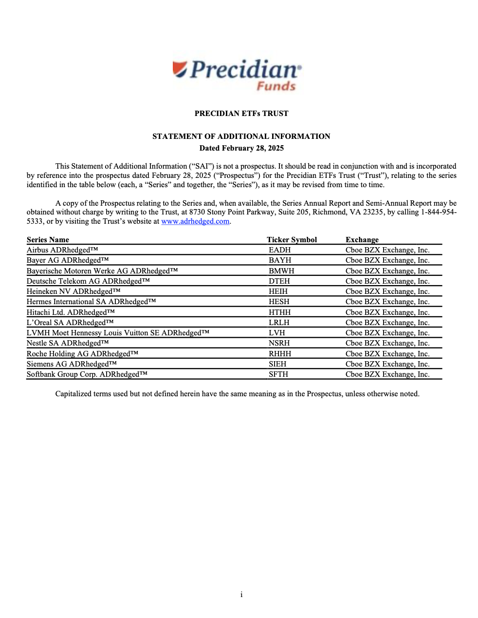 Precidian ETFs Trust Statement of Additional Information Feb 28, 2025